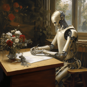 Midjourney: Un robot escribiendo un poema en el siglo 18