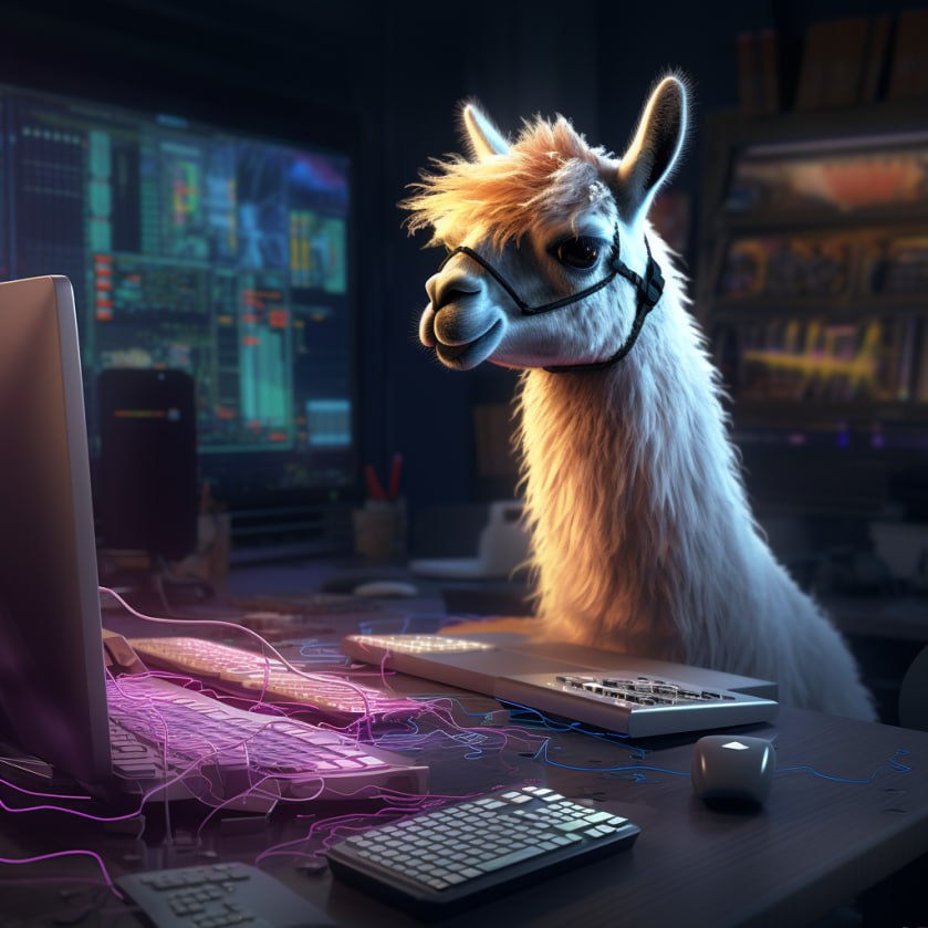 Llama sentada programando en una computadora, representando el modelo de lenguaje 'Code Llama' de Meta que sirve para programación